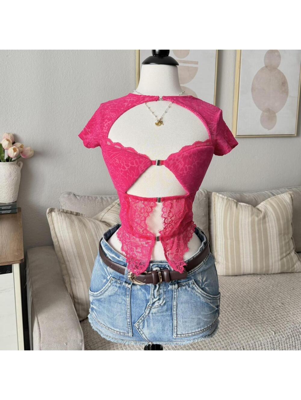 Outcast Pink Lace Cutout Top